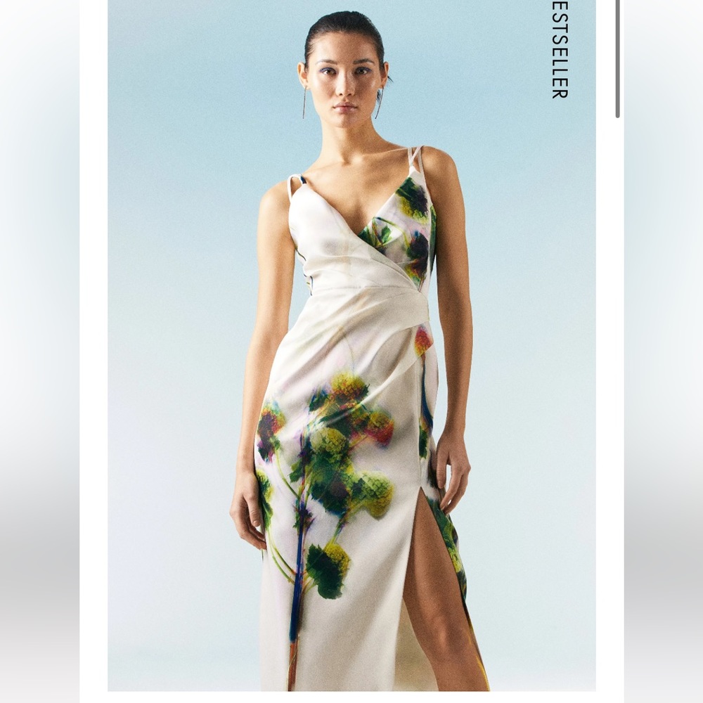 OOTO LONDON Italian Structured Satin Strappy Floral Dress